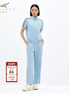 XII BASKET十二篮春季撞色侧织带微蓝色宽松直筒休闲裤女