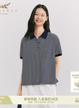 十二篮26春新款航海系polo衫女撞色条纹T恤廓形通勤休闲上衣藏蓝