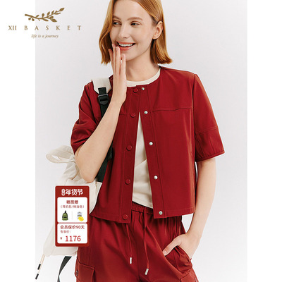十二篮复古枣红色短款中袖外套女