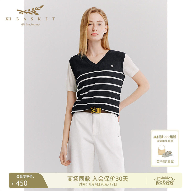 十二篮假两件条纹针织短袖