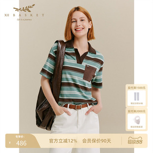 十二篮复古休闲撞色条纹polo衫圆领短袖T恤薄款宽松女夏季