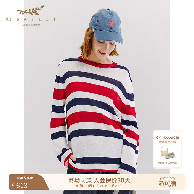 十二篮圆领条纹针织衫