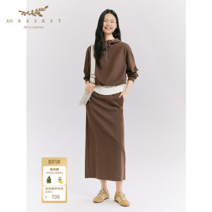 十二篮26春新款 棉质显瘦直筒半裙女松紧休闲通勤中长裙驼色