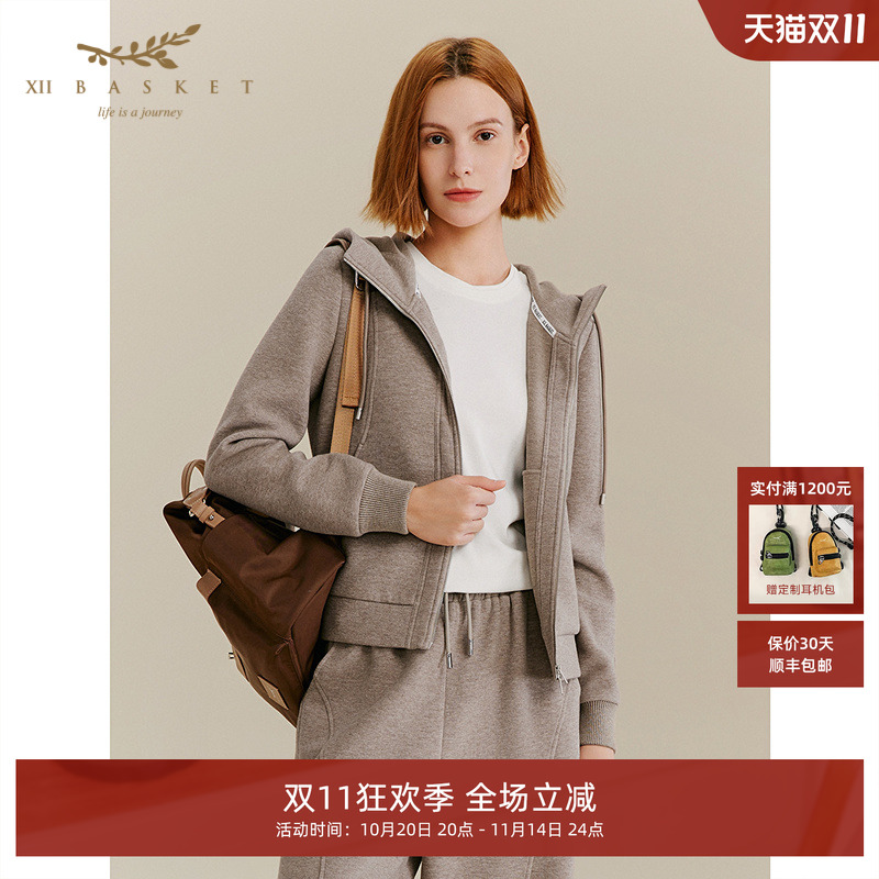 十二篮慵懒老钱风连帽卫衣外套女