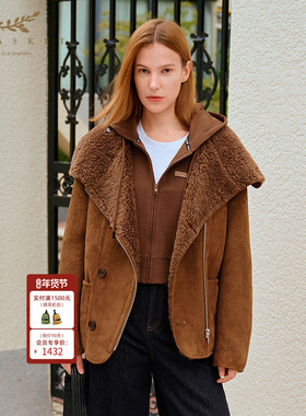 [100羊毛]十二篮25冬新款复古美拉德麂皮绒大衣翻领皮毛一体外套