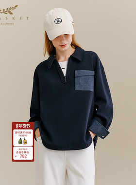 十二篮25冬新款半拉链polo领卫衣复古假两件衬衫拼接上衣休闲女