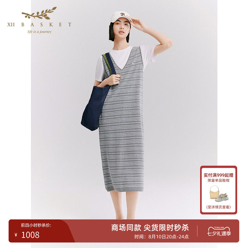 十二篮V领无袖条纹连衣裙