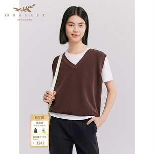 背心简约百搭休闲上衣咖啡色 短款 十二篮26夏新款 莱赛尔V领无袖