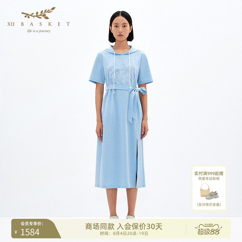 XII BASKET十二篮斗鱼印花系带收腰微蓝色开叉卫衣裙女春季