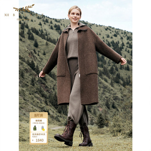 十二篮冬季 女 翻领拉链大衣摩登羊毛双面呢外套长款