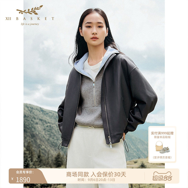 XII BASKET十二篮商场同款羊皮外套短款酷飒机车皮衣女灰冬季