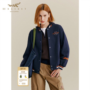 藏蓝色 复古棒球服宽松中性风外套女秋季 XII BASKET十二篮美式