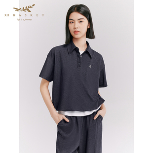 十二篮26夏新款 上衣简约百搭户外运动T恤女藏蓝 宽松polo领短袖