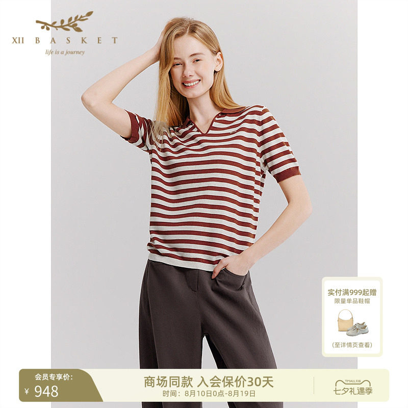 十二篮撞色条纹复古凉感针织衫