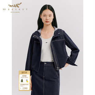 十二篮26春新款 外套连帽通勤休闲百搭气质上衣 撞料拼接牛仔短款