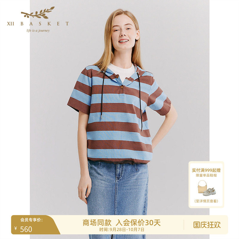 十二篮半开襟宽条纹短袖