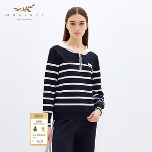 蓝白条纹半开襟套头针织连帽衫 XII 经典 秋款 BASKET十二篮商场同款