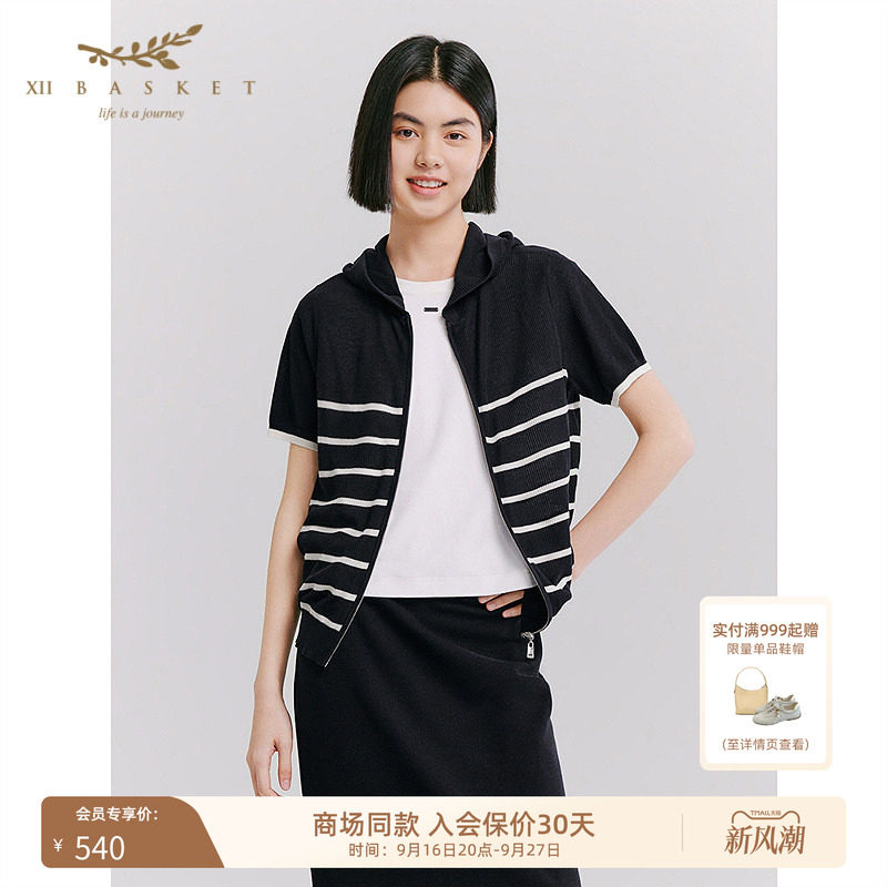 十二篮条纹连帽拉链针织衫图片