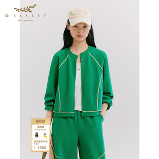十二篮26春新款 慵懒百搭运动风设计感外套绿色 多巴胺圆领卫衣时尚