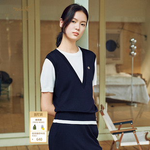 毛织衫 针织衫 休闲百搭女藏蓝 柔软天丝假两件短袖 十二篮夏季