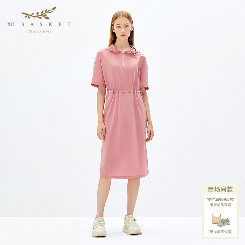 十二篮轻薄凉爽抽绳腰连帽连衣裙