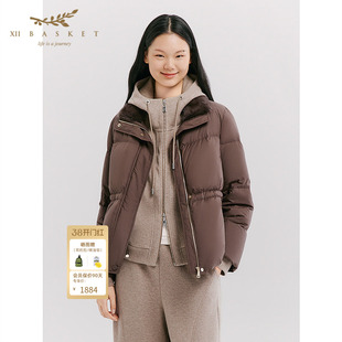 十二篮25冬新款水貂毛领白鹅绒短款羽绒服气质休闲外套咖色
