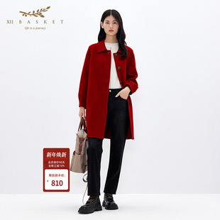 十二篮专选冬款 纯羊毛中长翻领双面呢大衣女