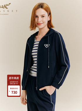 十二篮专选25秋新款高级感运动休闲时尚宽松套装藏蓝色连帽外套女