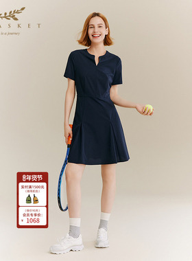 十二篮专选25秋新款复古运动藏蓝色高级感显瘦休闲网球百褶连衣裙