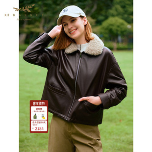 十二篮专选25冬新款摩登巴恩风羊皮羽绒服夹克外套女休闲百搭