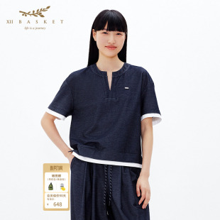 上衣T恤休闲百搭简约短袖 十二篮专选夏季 撞色假两件V领半袖
