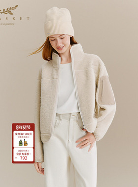 十二篮专选25冬新款美式立领羊羔毛短外套撞料口袋百搭休闲女