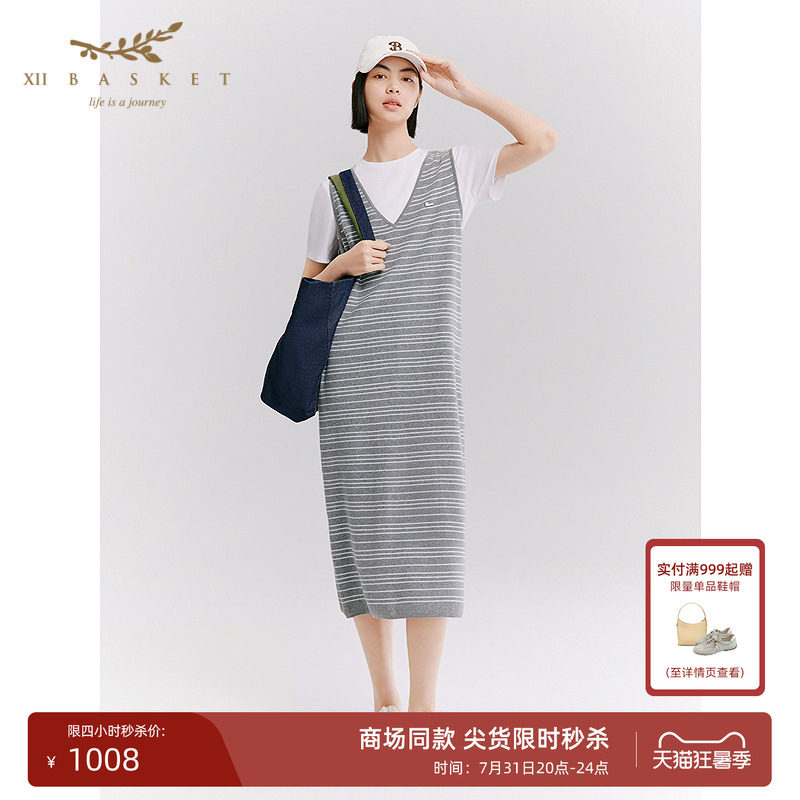 十二篮V领无袖条纹连衣裙