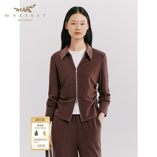 十二篮26春新款 设计感收腰显瘦百搭运动上衣女翻领抽绳外套咖色