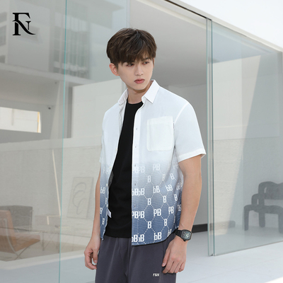 FN自然感觉男青年夏短袖衬衫宽松渐变日系纯棉百搭潮流衬衣23563