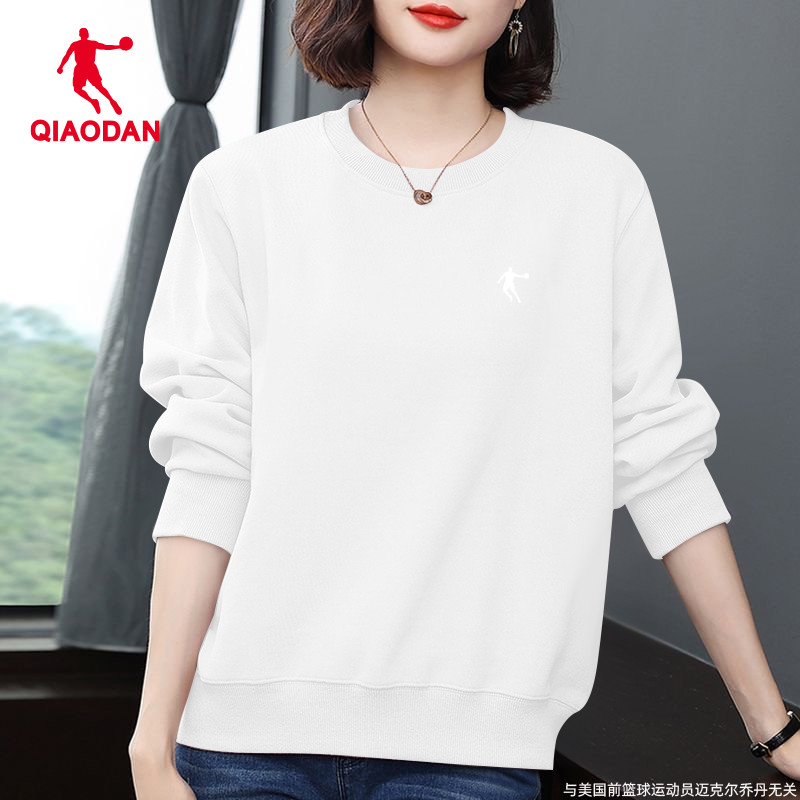 乔丹卫衣女白色圆领上衣2025秋冬新款大码女装中年妈妈休闲运动服