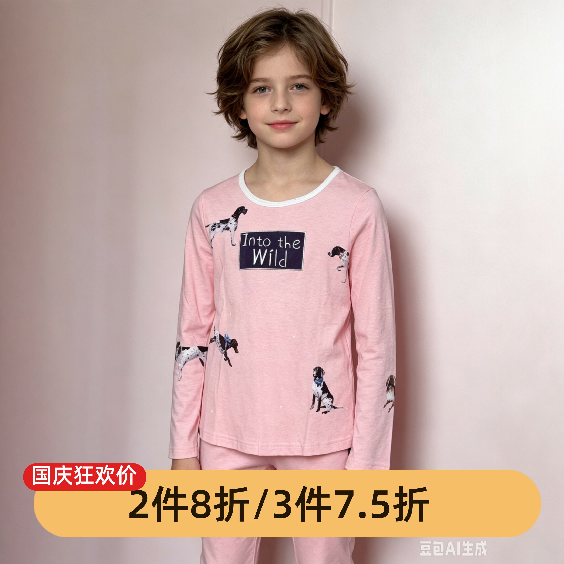 芬腾断码特价女童春秋季纯棉卡通狗图案家居服睡衣套装舒适居家风