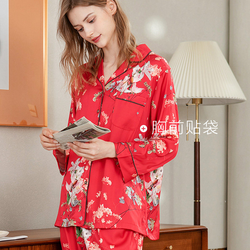 芬腾女士春夏丝绸睡衣套装可外穿