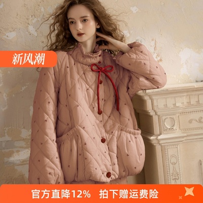 尘熙女冬纯棉三层夹棉保暖睡衣