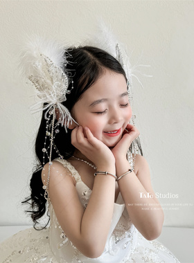 高级感仙仙白色羽毛流苏水晶发夹女童精致公主生日头饰儿童边夹