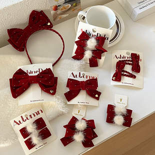 韩系儿童红色质感丝绒布艺蝴蝶结发夹女孩毛绒球发圈发箍女童发饰