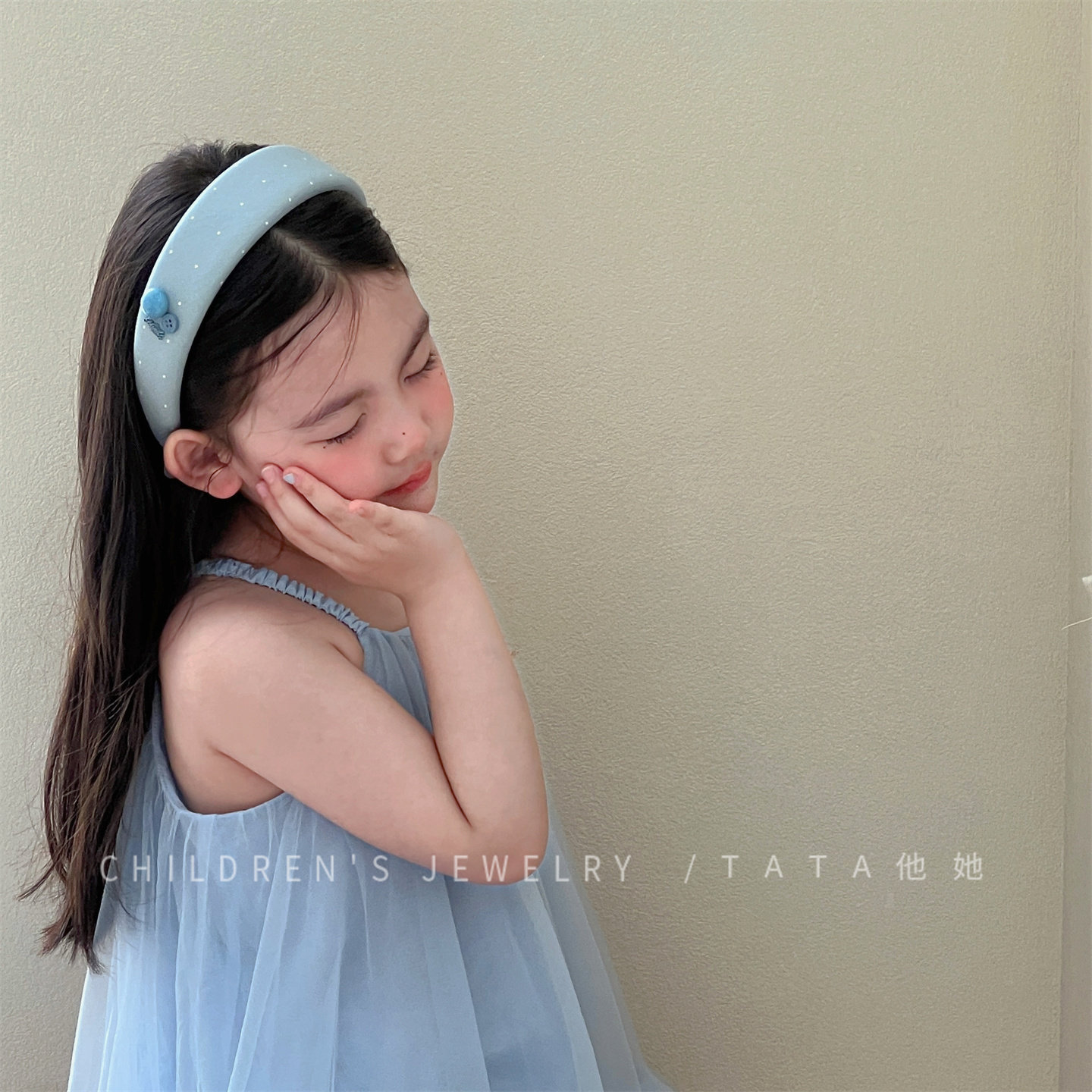韩系浅蓝波点发箍儿童可爱纽扣头箍女童宝宝防滑高颅顶压发发饰