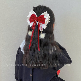 酒红米蕾丝大蝴蝶结飘带毛球发夹儿童流苏飘带顶夹超仙后脑勺发夹