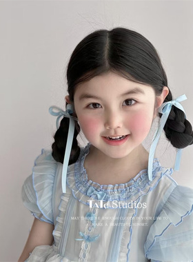 蓝色芭蕾风长款飘带蝴蝶结发圈儿童法式双马尾头绳发卡女童侧边夹