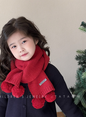 红色系新年围巾冬季儿童防风女童宝宝围脖毛线针织保暖女孩子护脖