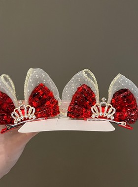 儿童立体红色蝴蝶结发夹小女孩网纱小香风秋冬款可爱顶夹女童发饰