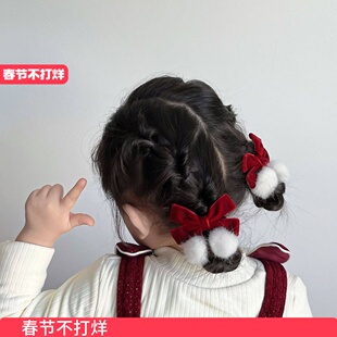 酒红丝绒毛球蝴蝶结儿童发夹新年喜庆可爱汉服国风发圈发卡皮筋