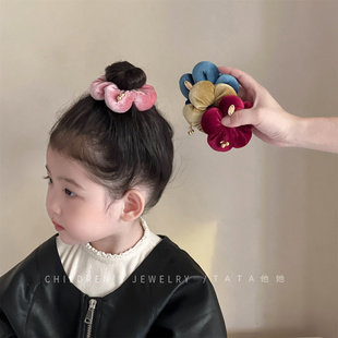 新年酒红色丝绒花瓣樱桃发圈女轻奢金属装饰气质发绳扎马尾头饰品