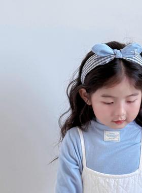蓝色格纹布蝴蝶结儿童宽版发箍头箍头扣宝宝小清新百搭卡碎发头饰