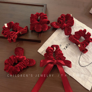 女童丝绒蝴蝶结发圈小女孩新年红喜庆扎发马尾头绳可爱兔耳朵发绳